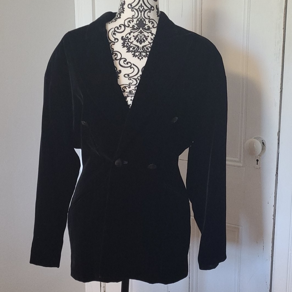 Kenar vintage 80's black velvet fitted blazer double breasted Made in Hong Kong
